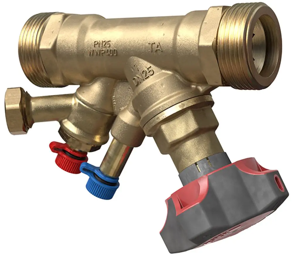 Druckregulierventil mit mehreren Anschlüssen, ausgestattet mit roten und blauen Regelknöpfen, hergestellt von IMI Hydronic Engineering.
